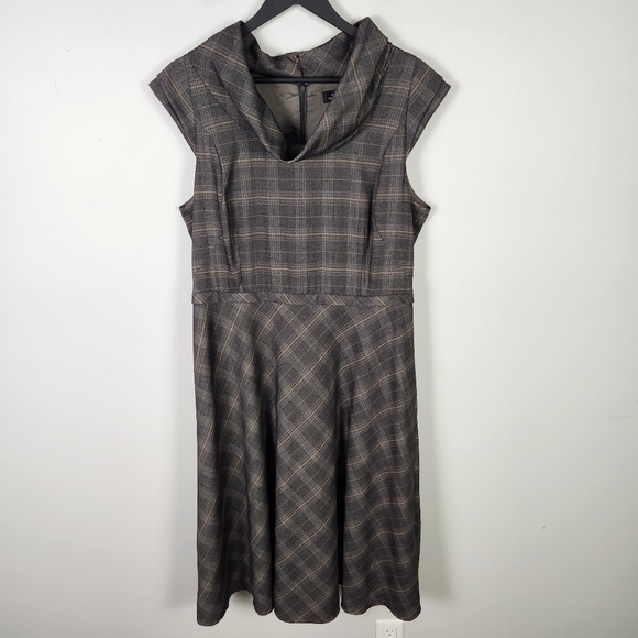 Tahari ASL Gray Plaid Cowl Neck Fit & Flare Cap Sleeve Midi Dress Size 14 #0529 - Picture 1 of 8